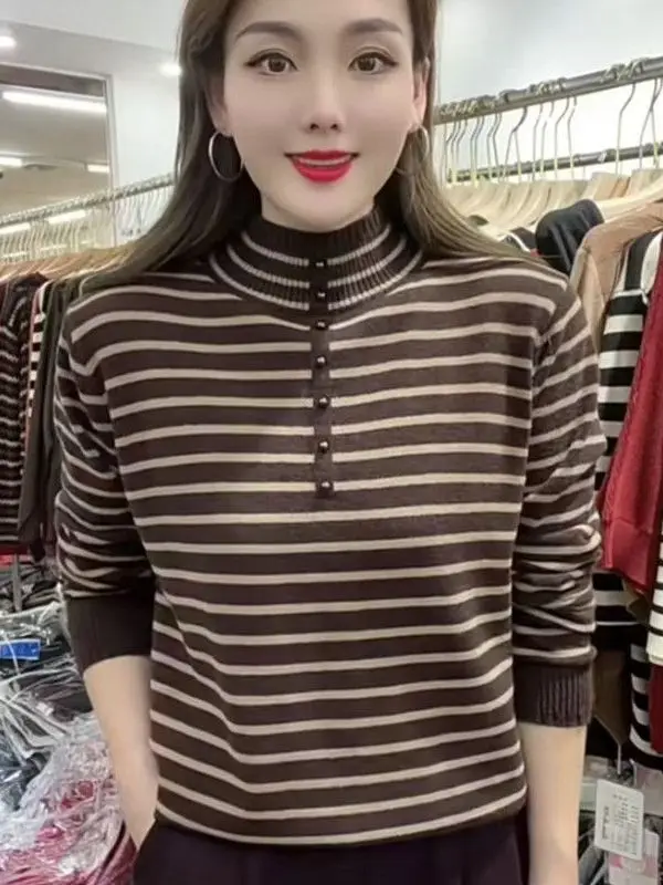

Women's Loose Fit Overhead Knitted Sweater Stripe Inner Wear Top f High Collar Long Sve Warm Thermal Autumn Winter New ...