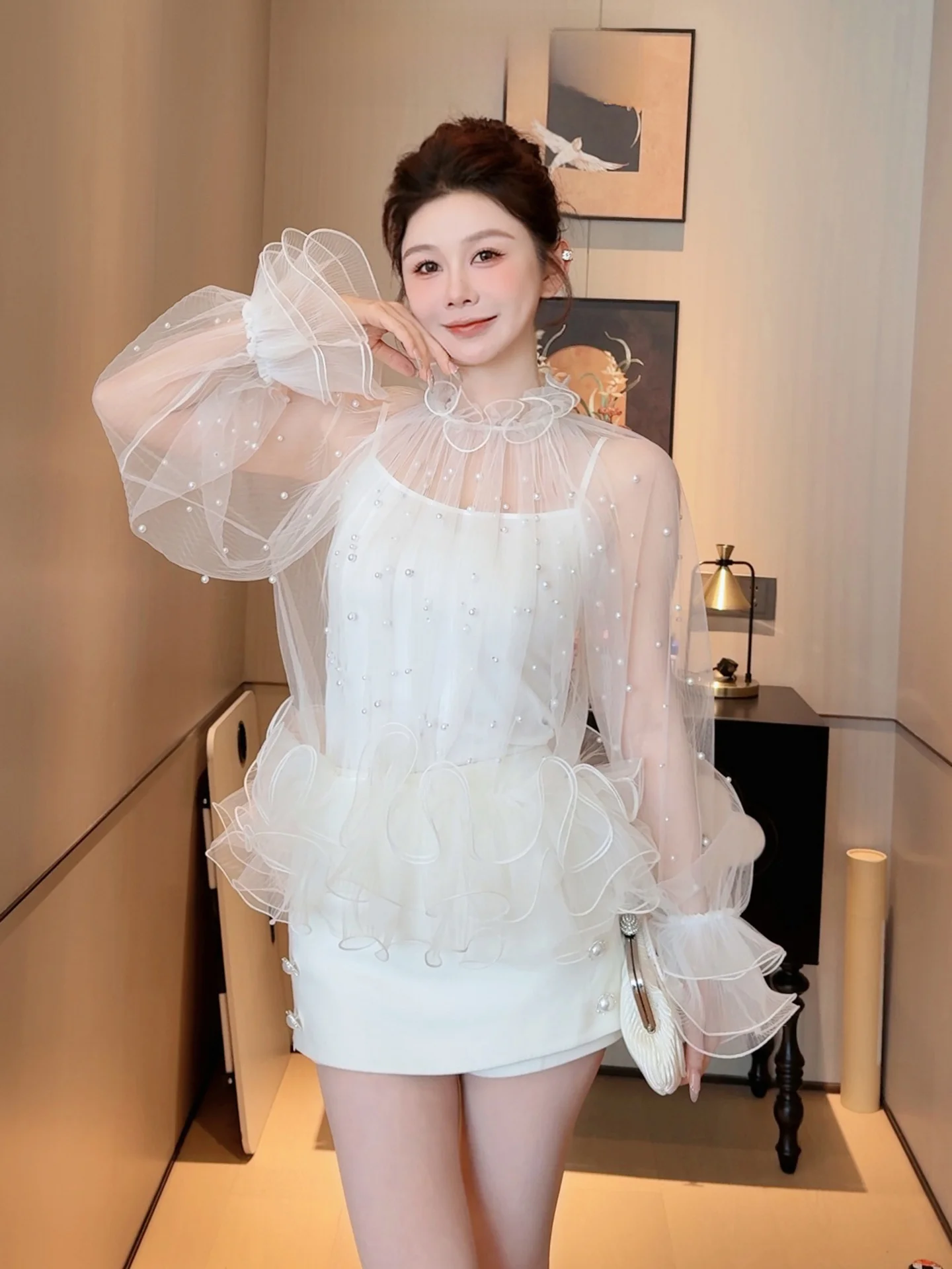 

Ele Pearl antung Two-Piece Set Top Women's Faion Ruffle Hem Heavy Embelliment AZZHEN Thousand Golden Bead Gauze