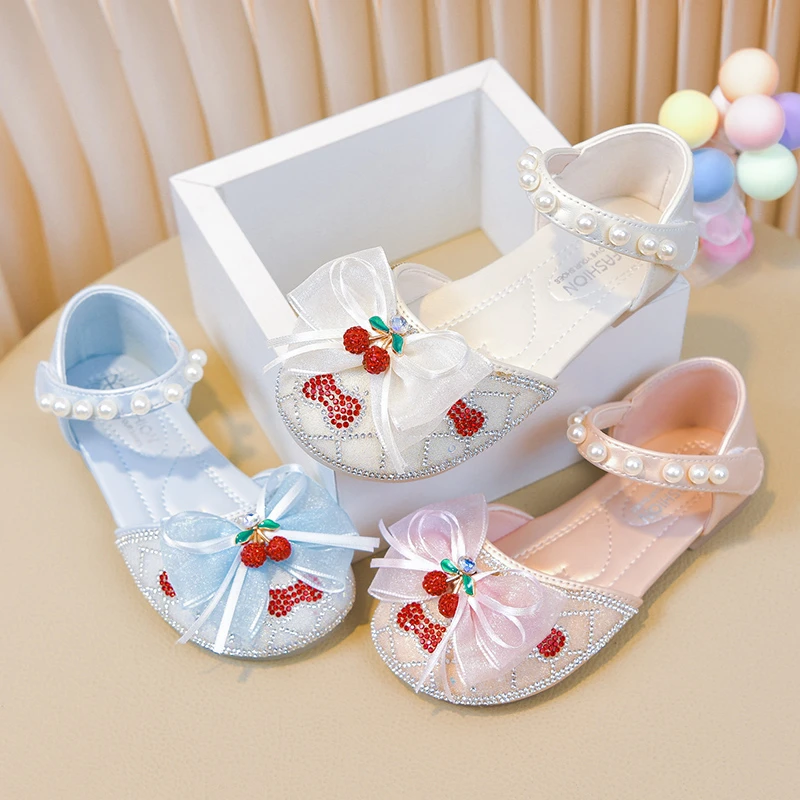 Girls Cherry Mary Jane Sandals Fashion Kids Lace Bow Pearls Princess Shoes for Party Wedding Children Half Sandals Soft Sole