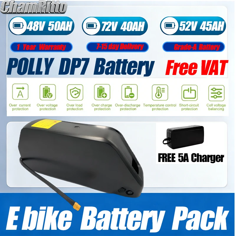 

Аккумулятор для электровелосипеда 72V 40Ah Polly, 21700, 60V 52V 48V 50Ah 36V 30Ah, для установки на нижнюю трубу рамы, для электромобилей с мотором 1500W 1000W 750W