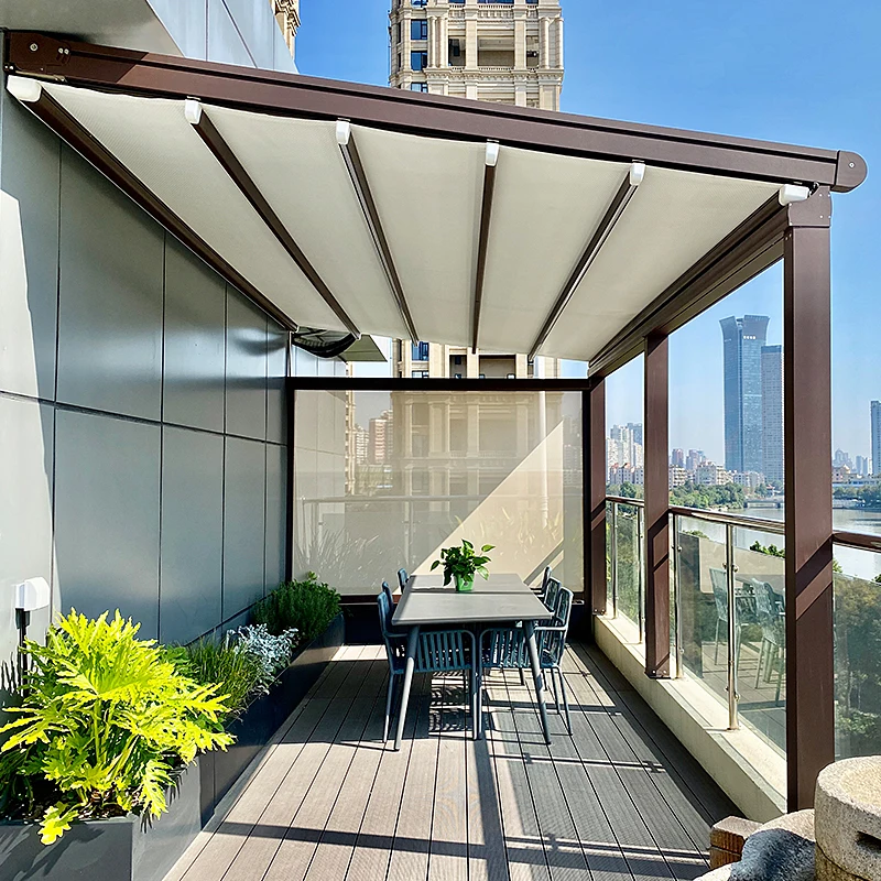 Outdoor Aluminum Pergola Motorized Remote Control Sun Shade Rain Protection Patio Cover 5m Automatic Retractable Roof Awning PVC