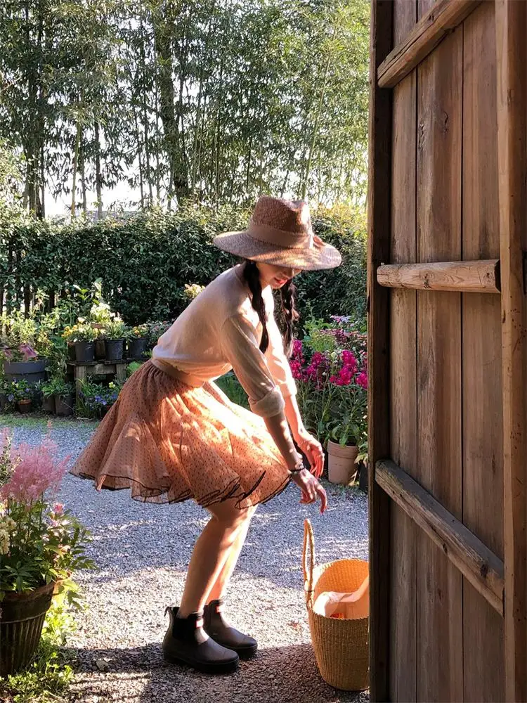 Retro Chic Polka Dot Coffee Color Half Skirt Women's A-Line Skirt Elastic Waist Korean Style Commute Scenarios Casual Wear