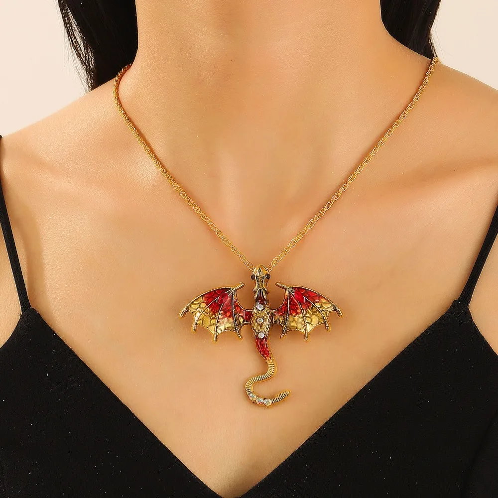 Vintage Gold Tone Rhinestone Inlaid Colorful Enamel Flying Dragon Pendant Necklace for Men Women Hip‑Hop Fashion Couple Jewelry