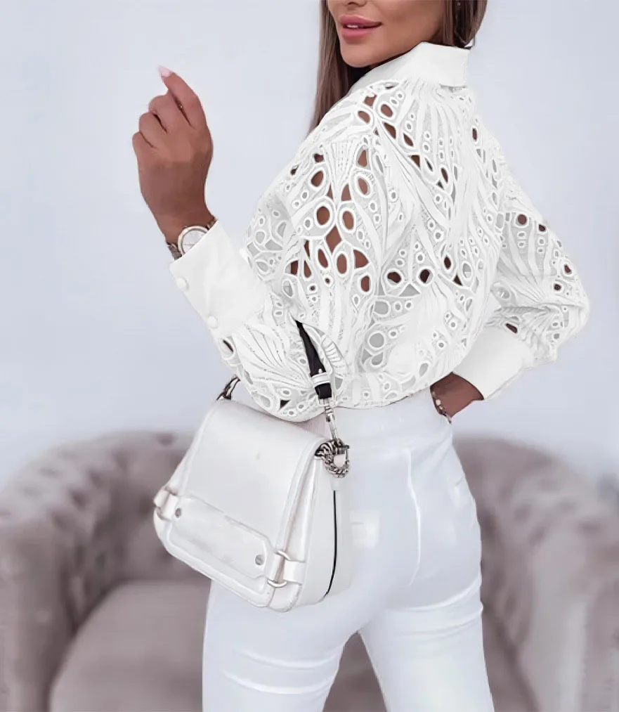 New Fashion Lace Hollow Long Sleeve Shirt For Women 2025 Spring Autumn Elegant Office Lady BlouseCasual Button ShirtsTops