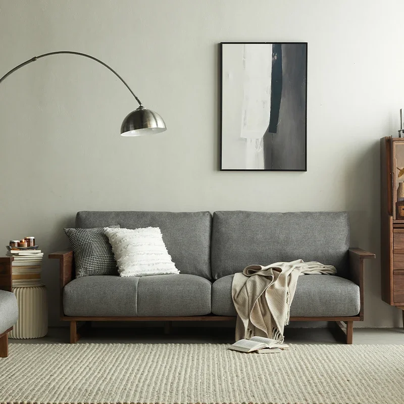 

Simple Black Walnut Sand Solid Wood Small Apartment Living Room Furniture Log Fabric Modern Simple Sofa Set