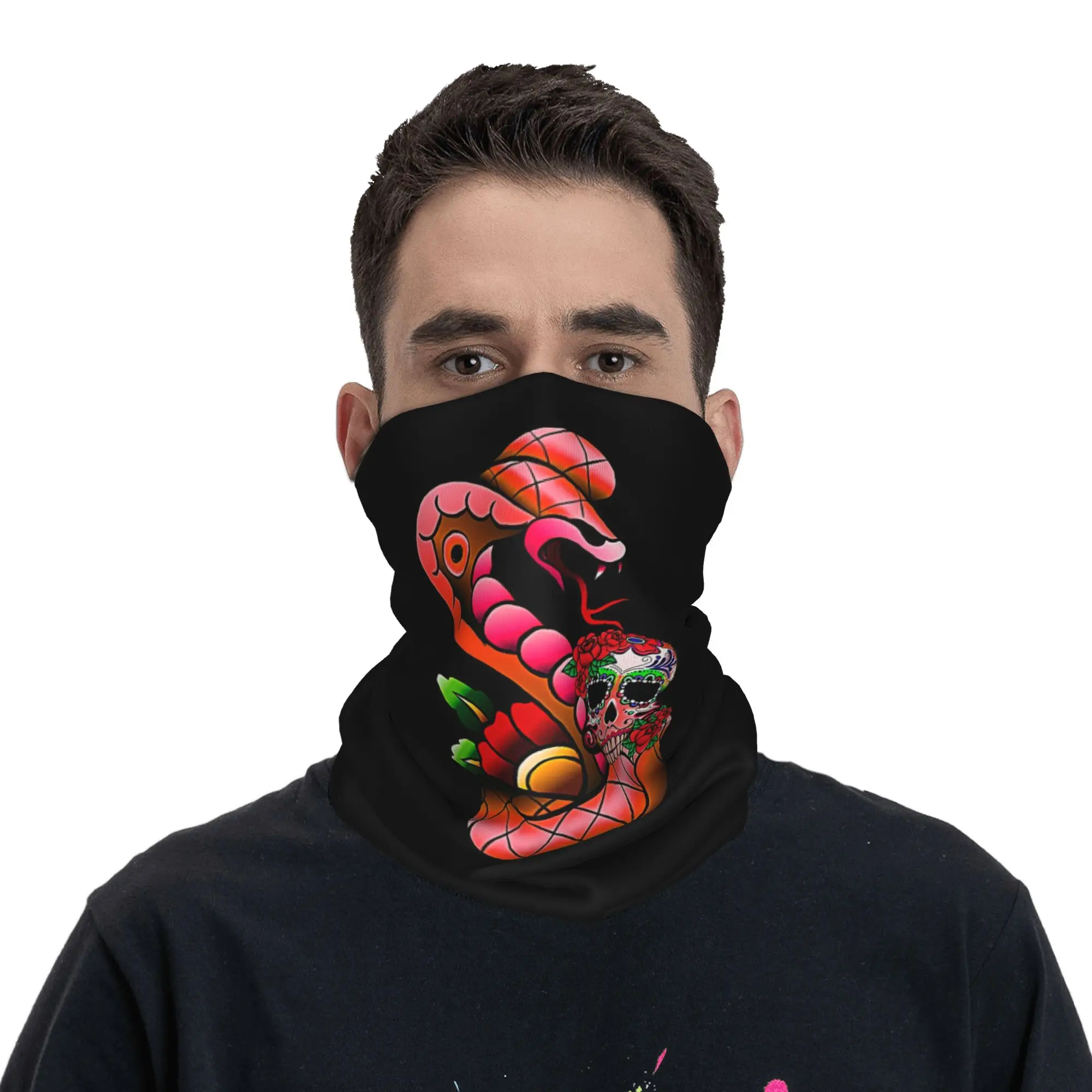 Skull Snake and Roses Printed Bandana Neck Gaiter Printed Magic Scarf Warm Face Mask Cycling Unisex Adult