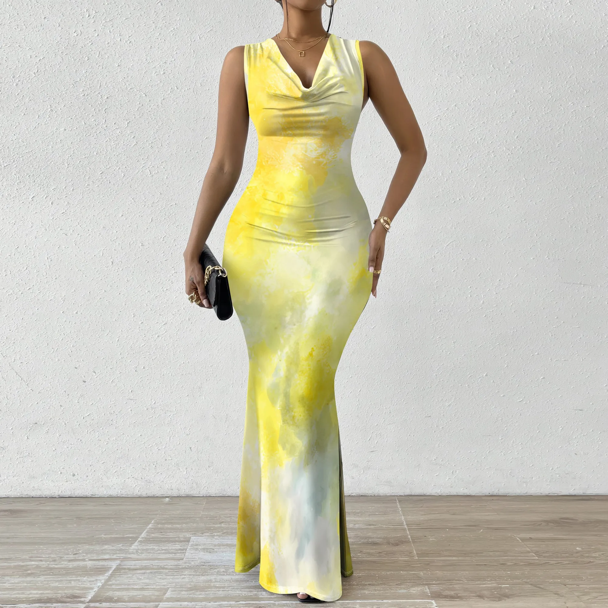 

Women's V-Neck Sleeveless Maxi Dress Yellow Watercolor Abstract Print Elegant Summer Dress