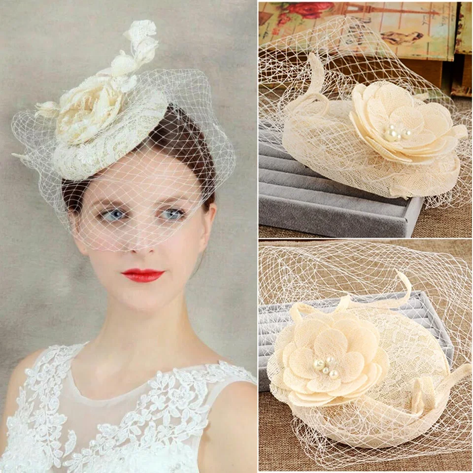 Cappello da sposa in pizzo da donna Vintage fiori in rete velo per il viso Fascinator di perle cappello da foto per feste per occasioni speciali per