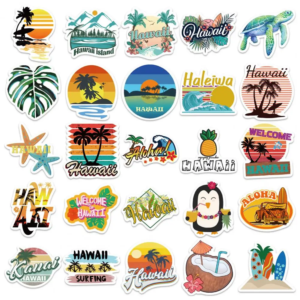 PVC 50Pcs Stylish Hawaii Summer Style Cartoon Graffiti Sticker Ultra-Thin Luggage Decal Residue Free   Household Supplies