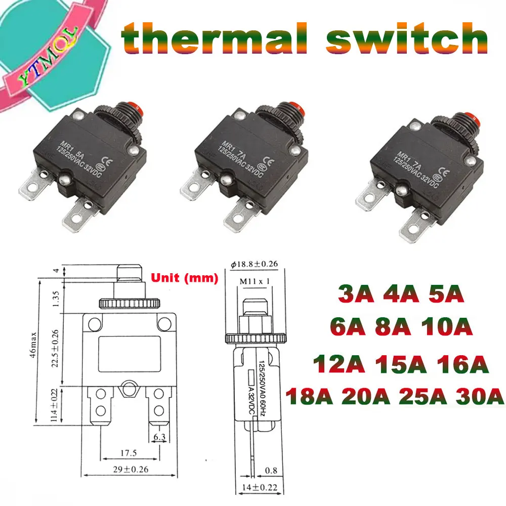 1Pcs thermal switch circuit breaker overload protector 3A,4A,5A,6A ,7A, 7.5A ,8A,10A,15A,18A,20A,25A,30A overload switch