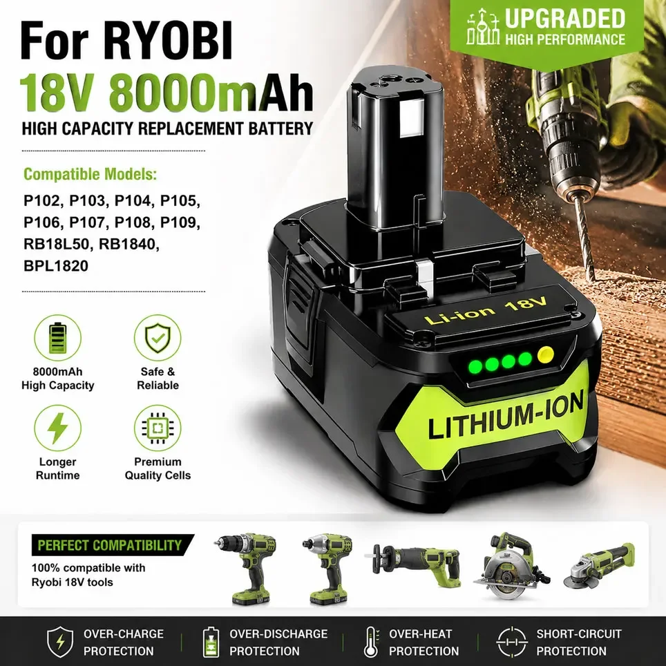 2026 Neu für RYOBI 18V 8000mAh Lithium-Ionen-Akku für Elektrowerkzeuge, Wiederaufladbar, One+ Plus BPL1820 RB18L50 RB18L40 P104 P107 P108 P109
