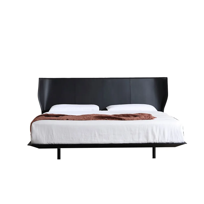 

Italian minimalist saddle leather bed, light luxury modern black advanced master bedroom double bed, suspended