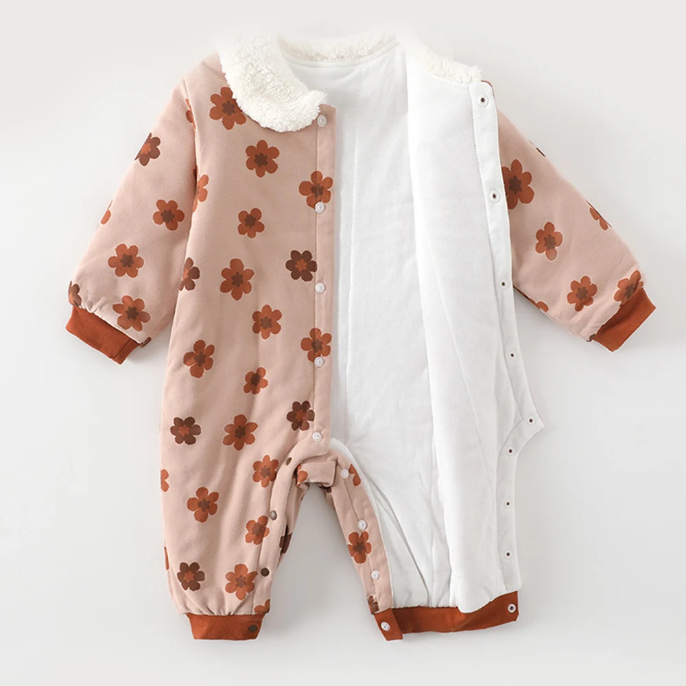 Christmas Baby Rompers For Girls Long Sleeve Floral Collar Infant Boutique Clothing Quilted Warm Winter Outerwear Baby Jumpsuit