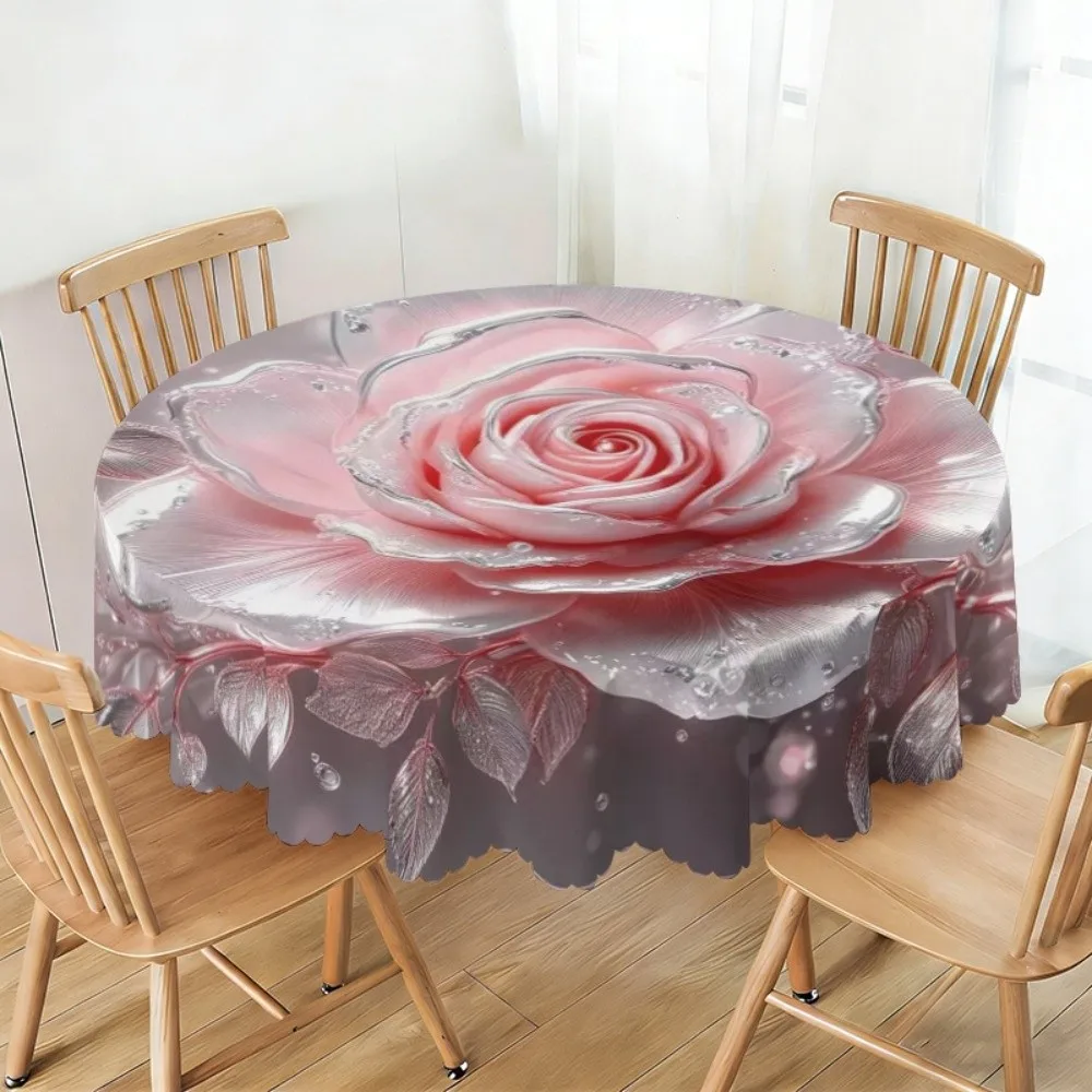 New Pink Rose Round Tablecloth Lace Edge 3D Rose Rose Table Cover Flower Print Elegant Style Floral Tablecloth Table Overlay