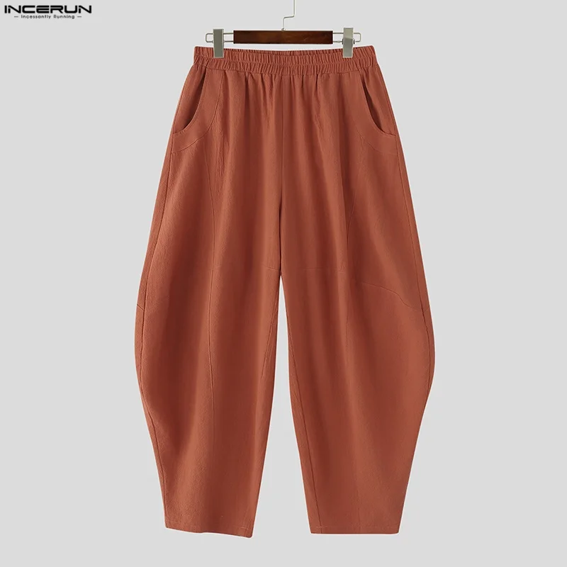 

INCERUN Men Pants Solid Color Elastic Waist Joggers Loose Casual Wide Leg Trousers Men Streetwear 2025 Cotton Vintage Long Pants