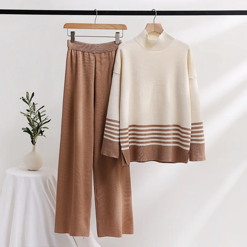 Knitting 2 Piece Sets Women Outfit Sweater Trousers Autumn Winter Thickening Stripe Turtleneck Loose Fashion Sets Womens 2 Piece