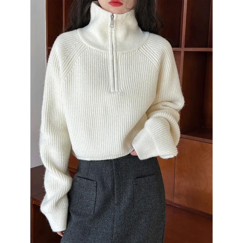 Stylish Knitted Zippered High-neck Sweater Elegant Loose Collar Women's Pullover Autumn Winter Solid-color High-quality Warm Top