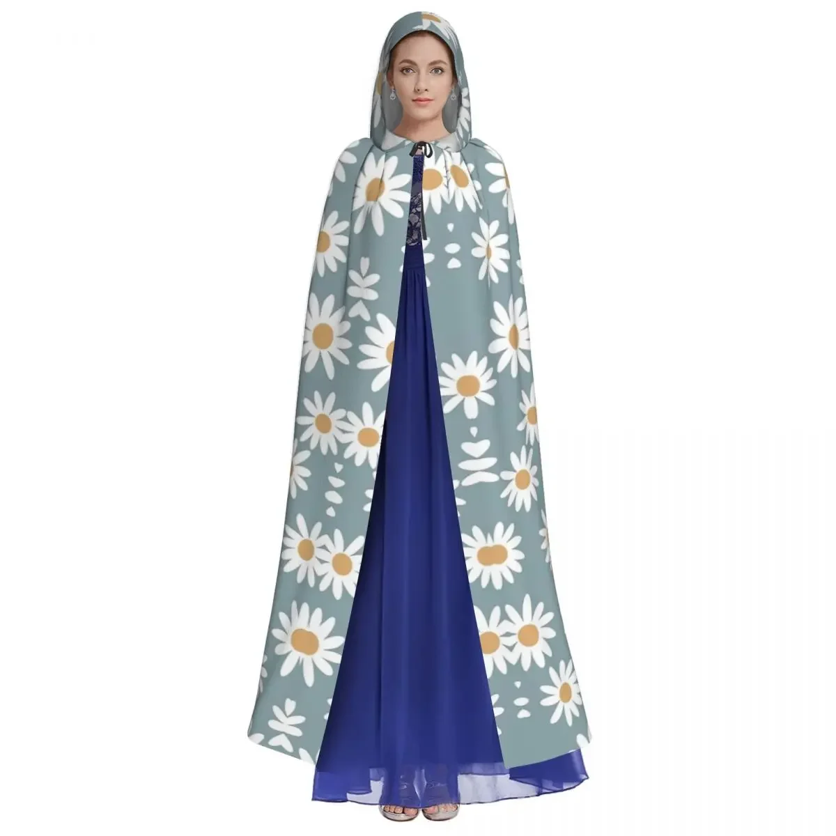 Blue Daisies Hooded Cloak Halloween Party Cosplay Woman Men Adult Long Witchcraft Robe Hood