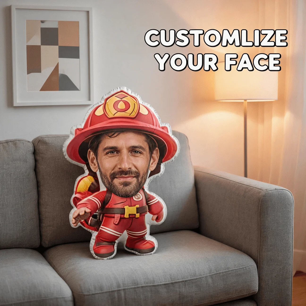 Personalized Firefighter Photo Pillow - Custom Face & Name/Number/Rank Print Cushion Suitable for Sofa, Bed Decor, Firefighter G