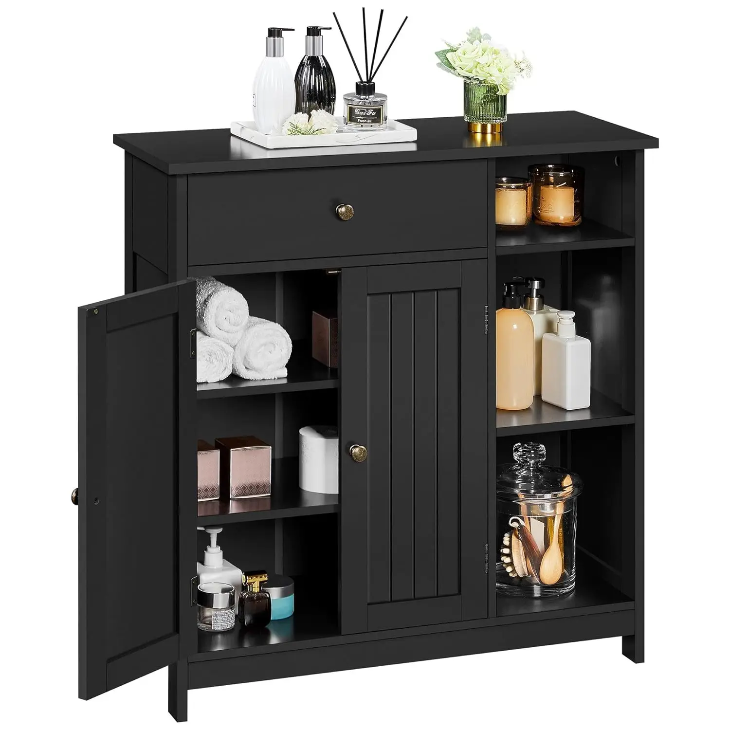 

Bathroom Storage Cabinet, Bathroom Floor Cabinet with 2 Doors and 1 Drawer, Storage Units with 3 Open Compartments, Customized