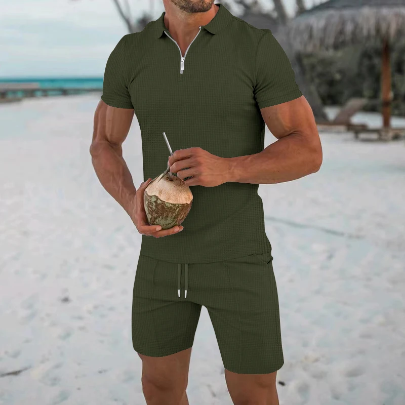 European and American men\'s short sleeve shorts casual suit new summer waffle solid color casual loose lapel t-shirt suit men