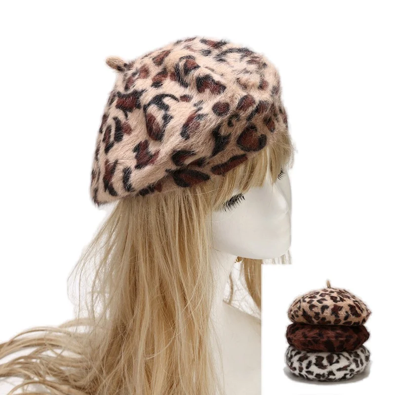 Fashion rabbit fur beret printed leopard print painter hat warm bud hat