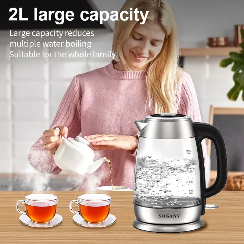 Electric Kettle with Stainless Steel Heater 2L Glass Tea Kettle 2000W Hot Water Boiler LED Indicator Auto Shut-Off