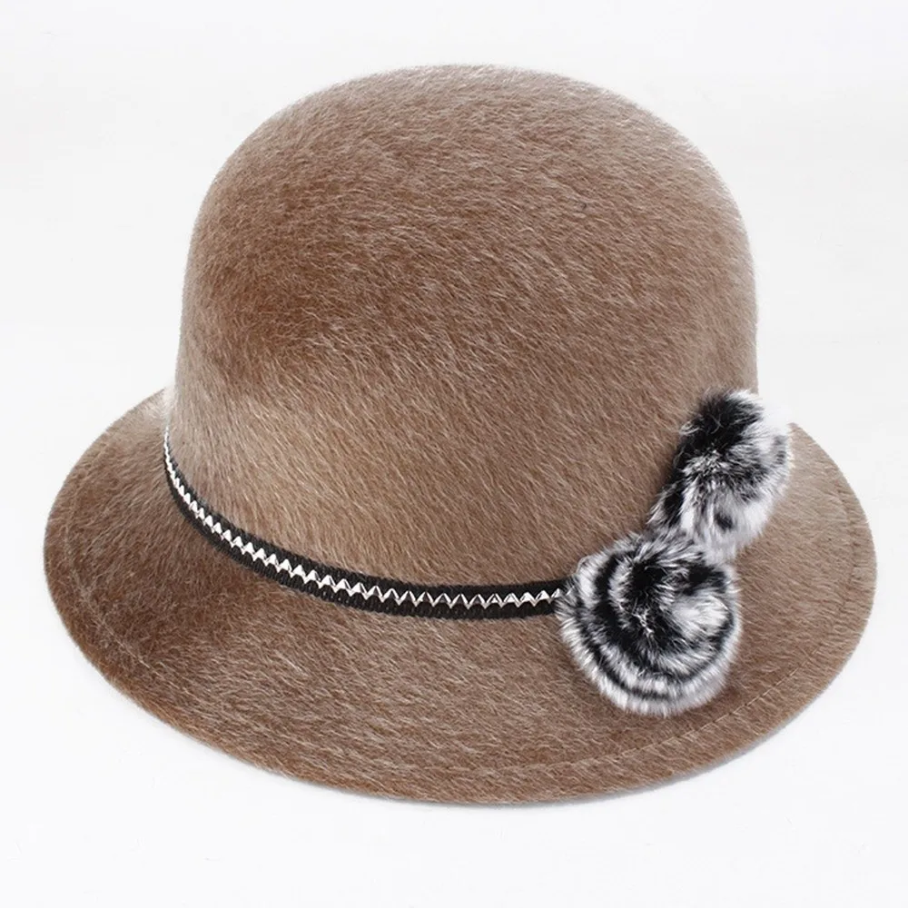 

Fashion Imitation Fur Ladies Bucket Cap Casual Elegant Wool Hats Vintage With Flower Women Dome Hat Autumn Winter