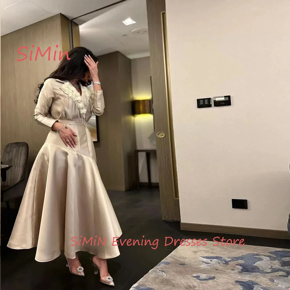 Simin Saudi V-Neck Simple Satin Flower Sash Ruffle A-Line Long-Sleeves Ankle-Length Arab Evening Party dresses for women 2024