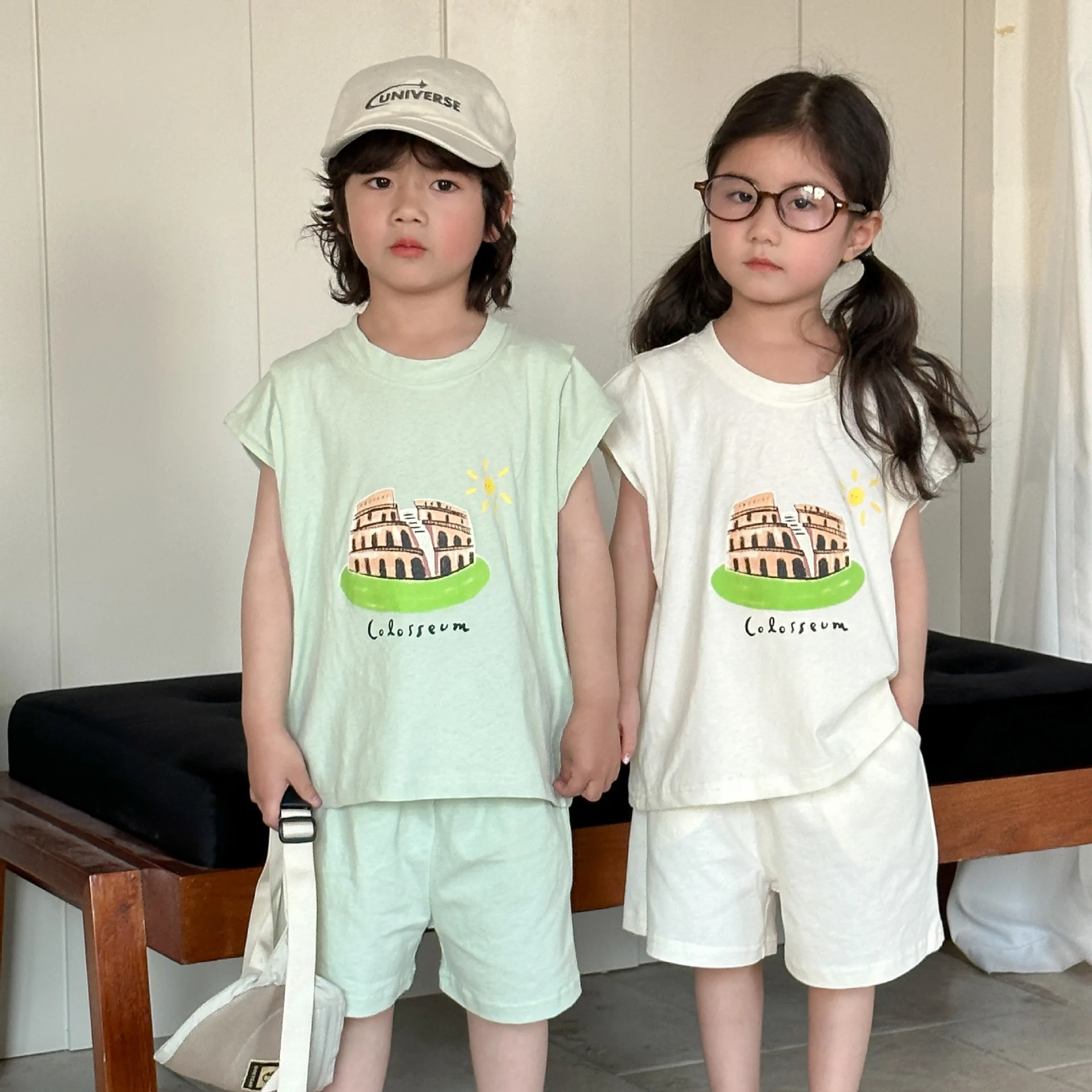 2PCS Summer Family Matching Cute Print Sleeveless Vest T-shirt +Shorts Boys Girls Casual Suit Clothing