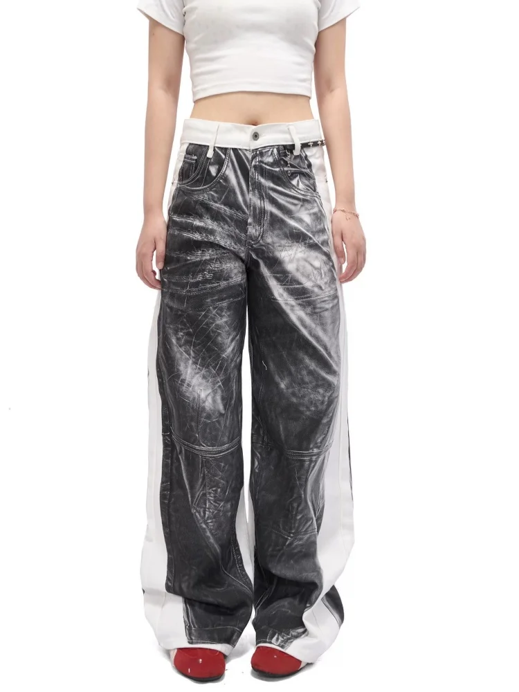 

2026 Cyber Y2K Streetwear White Black Patchwork Baggy Women's Jeans Pants For Woman Clothing Wide Leg Loose Gothic Long Trousers