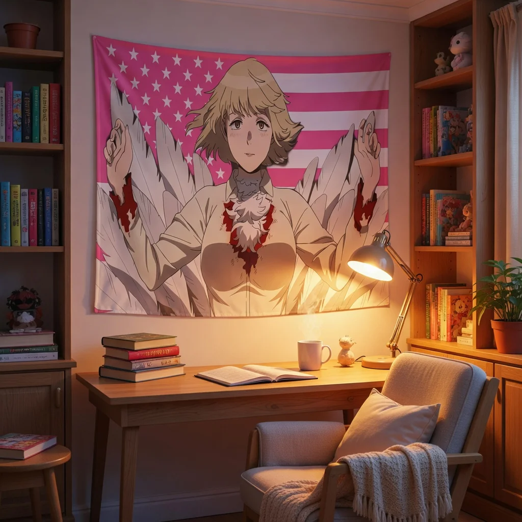 Winged Blonde Girl Anime Tapestry Flat Print Pink Stars and Stripes Backdrop for Living Room Teen Dorm Wall Decor