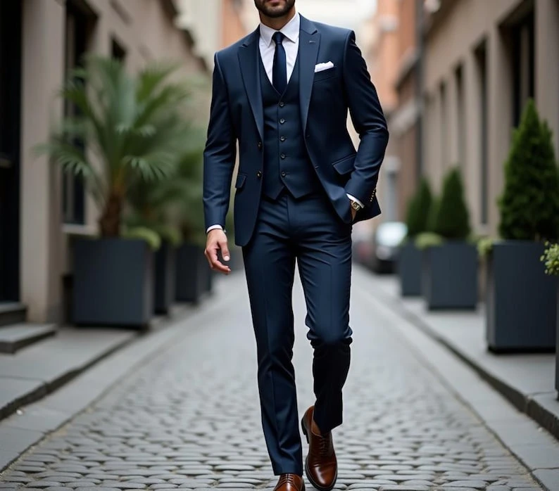 

Custom Navy Blue Men’s Suit Tailored 3 Piece Slim Fit Groom Suit Wedding Formal Wear Blazer Vest Pants