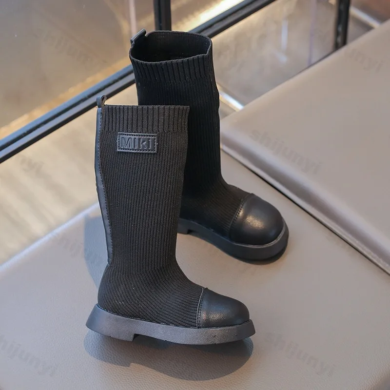 

Детские сапоги до колена, новинка 2024, осенние студенческие сапоги принцессы для девочек, детские удобные нескользящие однотонные вязаные высокие сапоги