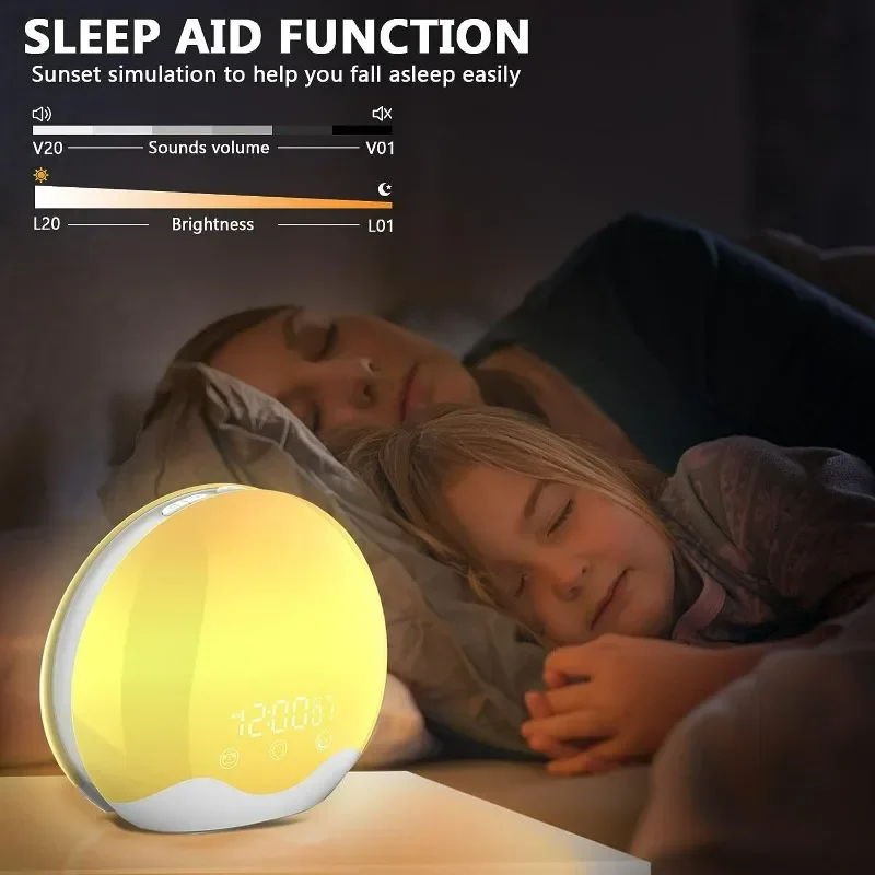 Multi Functional Colorful Atmosphere Night Light Simulation Sunrise Wake Up Light Time Alarm Clock Home Bedroom Children's Gift