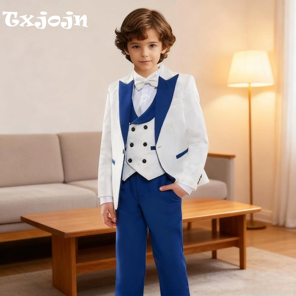 

Hot Sale Boys Jacquard Slim Fit Suits 4 Pieces Piano Performance Wear Smart Peak Lapel Suit Set Host Costumes Party Tuxedo