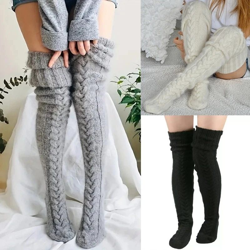 Women Solid Color Long Tube Wool Warm Insoles, Thick Over-the-knee Foot Warmer Inserts for Autumn Winter Shoes