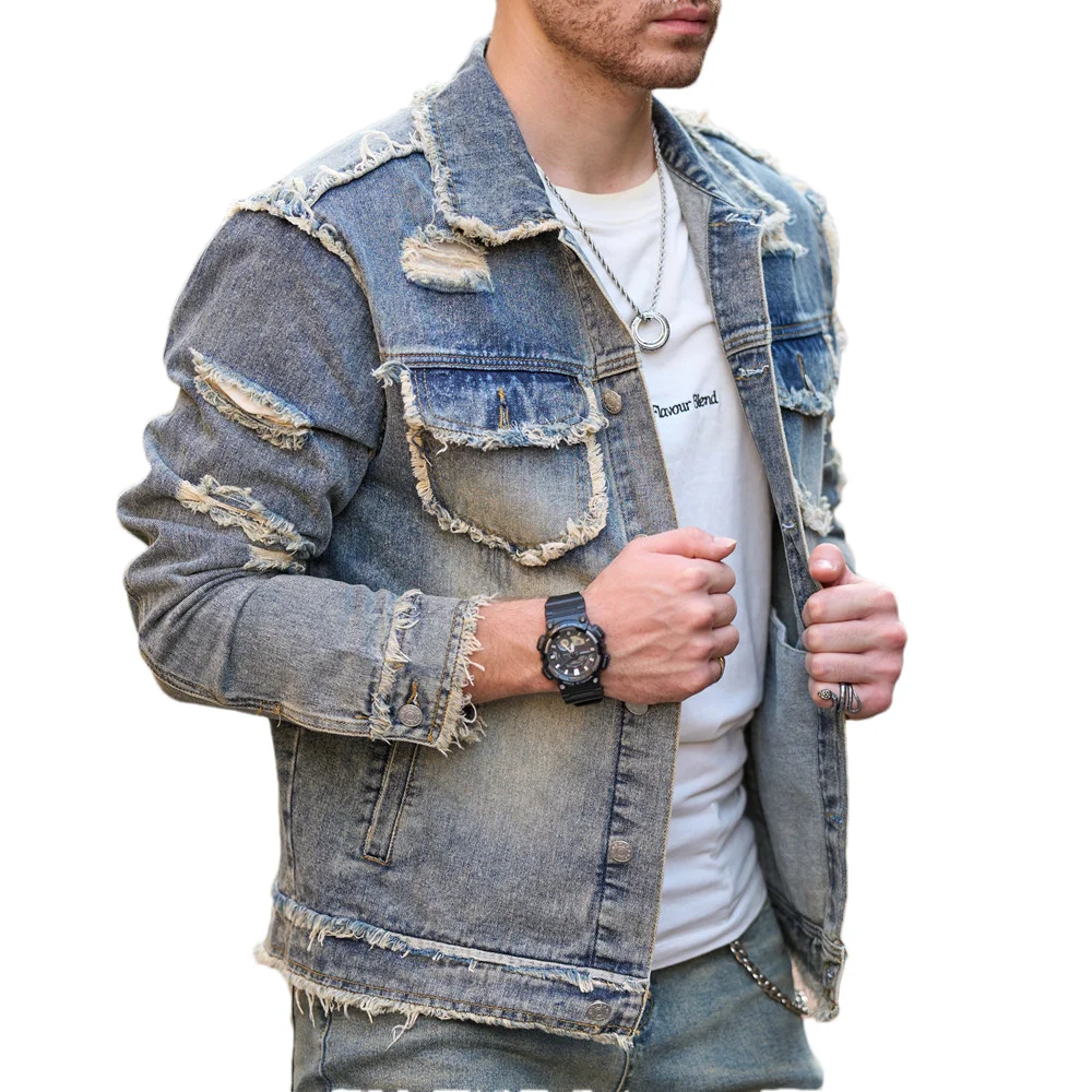 Street Stylish Retro Style Holes Slim Street Denim Jacket Coat Good Quality Distressed Male Casual Denim Jacket