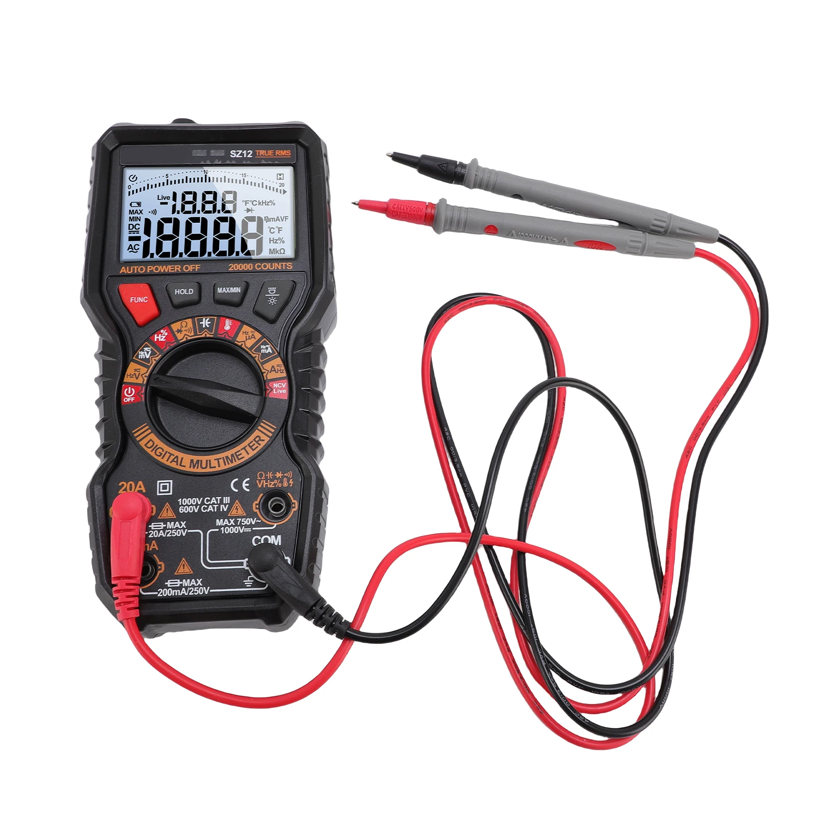 Multimetro digitale 20000 conteggi, gamma automatica a vero RMS, tester di tensione NCV, misura tensione/corrente CA/CC, resistenza