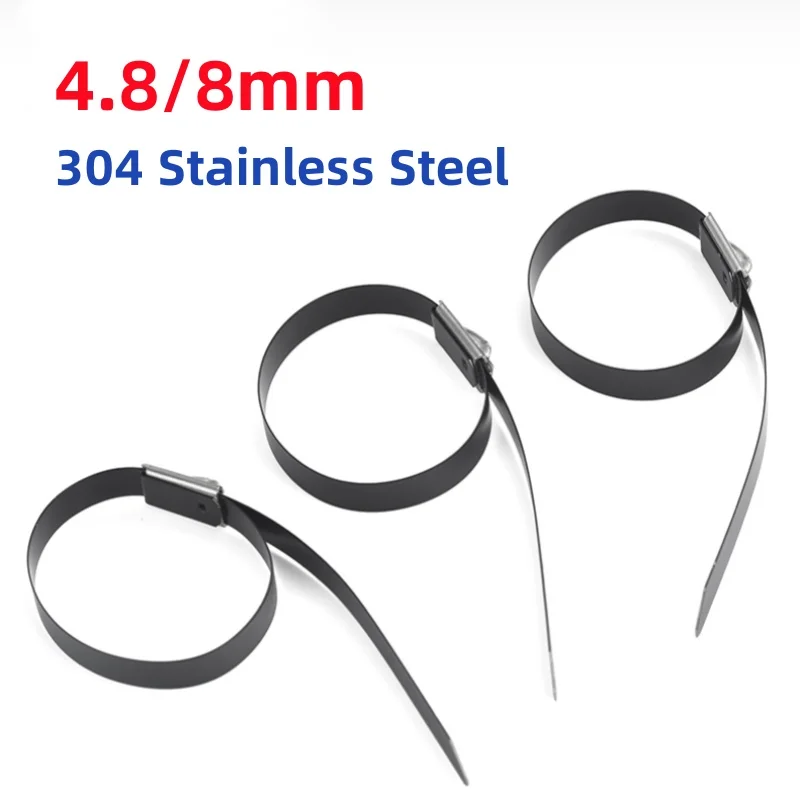 4.8/8mm 304 Stainless Steel Metal Black Cable Ties Self-Locking High Temperature Resistance Oxidation Resistance
