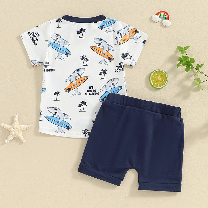 Toddler Boys Summer Outfits Beach Style Shark Tree Print Short Sleeve T-Shirts Tops and Shorts 2Pcs Clothes Set