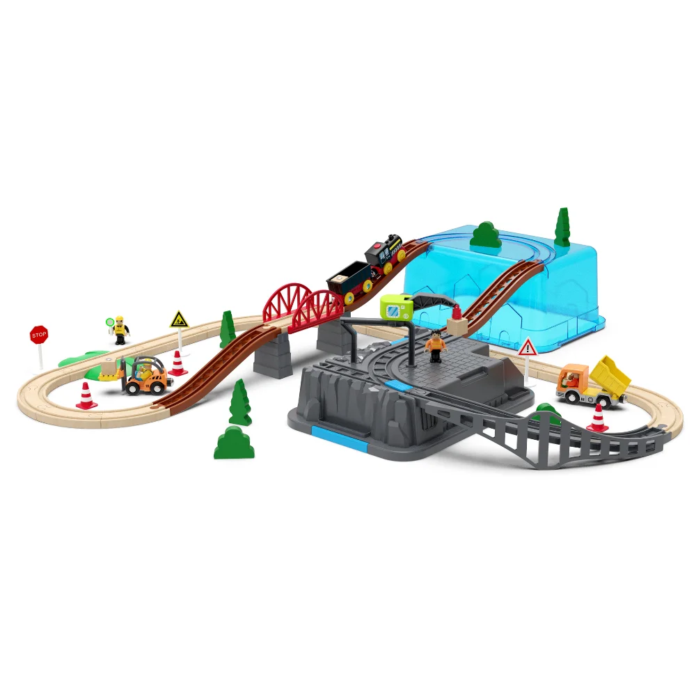 55pcs/set Wooden Railway Track Set Electric Train Magnetic Car Diecast Slot Fit All Brand Biro Wood Track Assemble Toy Boy Gift