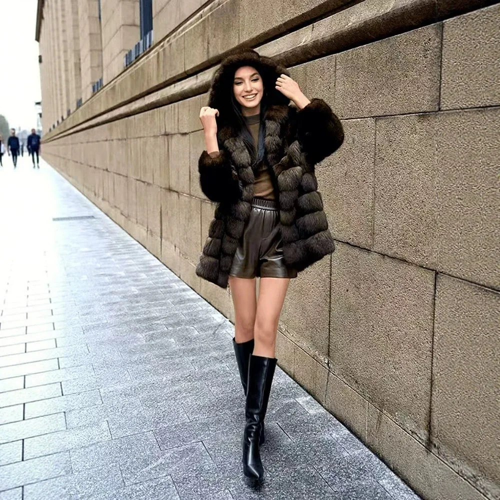 Brown Hooded Women's Faux Mink Fur Coat Thick Autumn Winter Chic New Cardigan Mid Length Loose Warm Jackets