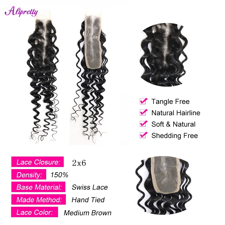 Alipretty Closure 2x6 Deep Wave 2x6 HD Lace Closure Human Hair Kim K Closure Only Deep Curly Human Hair 2x6 closure and bundles