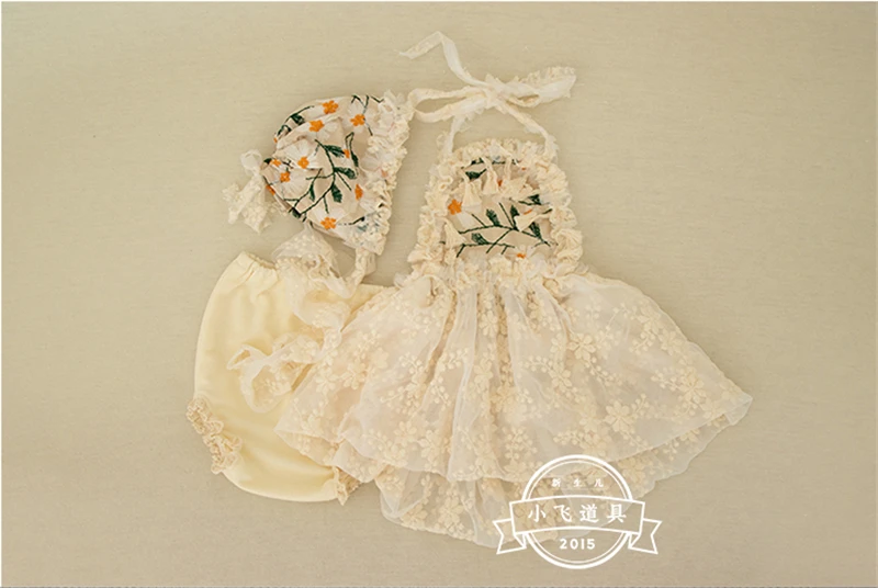 Newborn Baby Girls Photography Props Vintage Floral Outfits Dress Shorts Hat 3-peice Fotografia Studio Photoshoot ClothesProp
