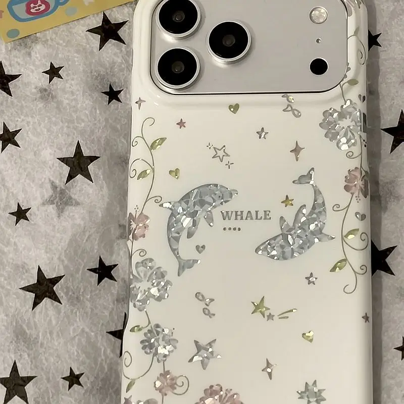 Coque de téléphone coréenne Y2K Advanced avec motif de fleurs de vigne et dauphin brillant pour iPhone 18 17A 16 15 14 13 12 11 Pro 16 Plus Mini ﻿