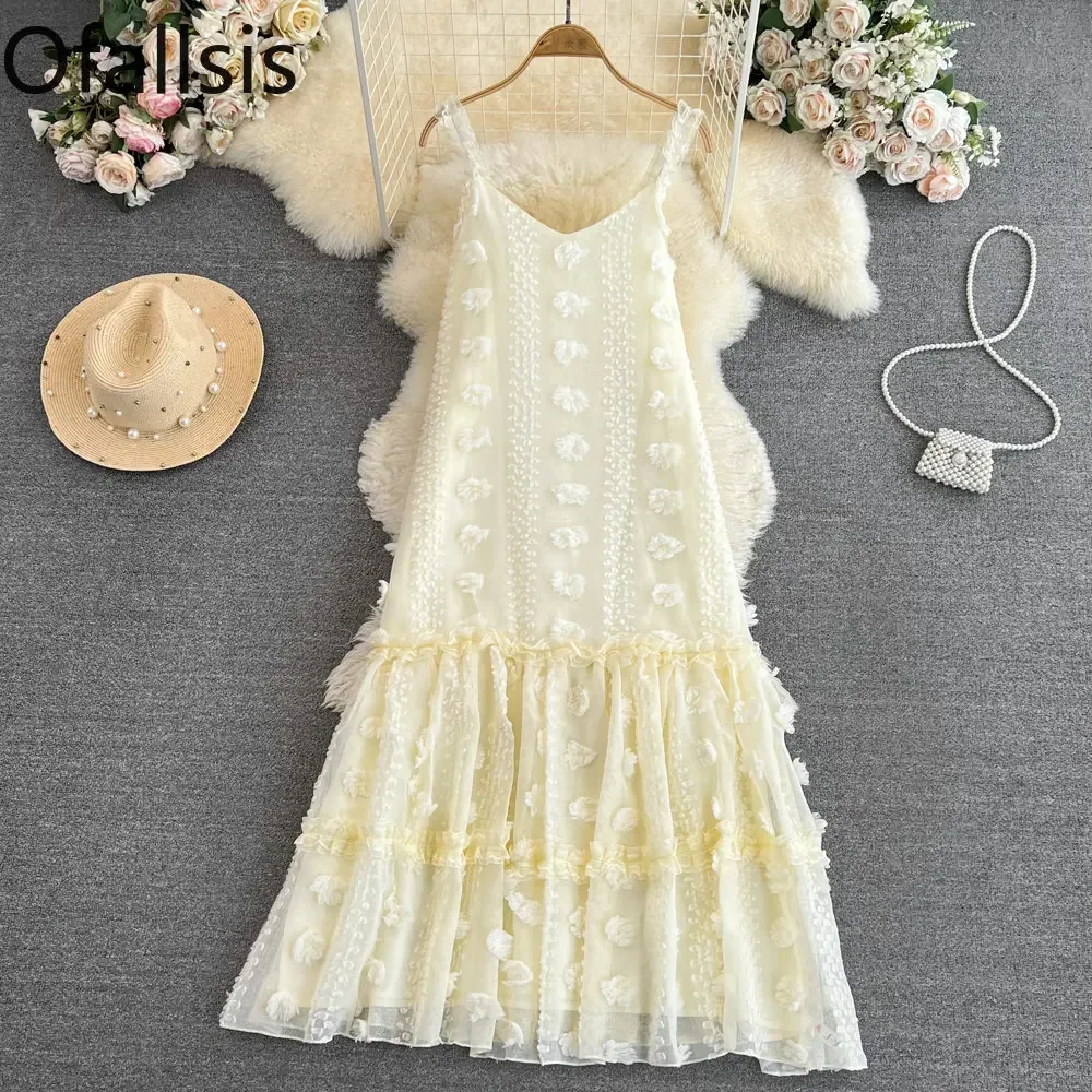 Ofallsis Beach Resort Three dimensional Flower Sling Dress 2023 Summer French Sweet Fairy Loose A line Ruffled Dresses Female