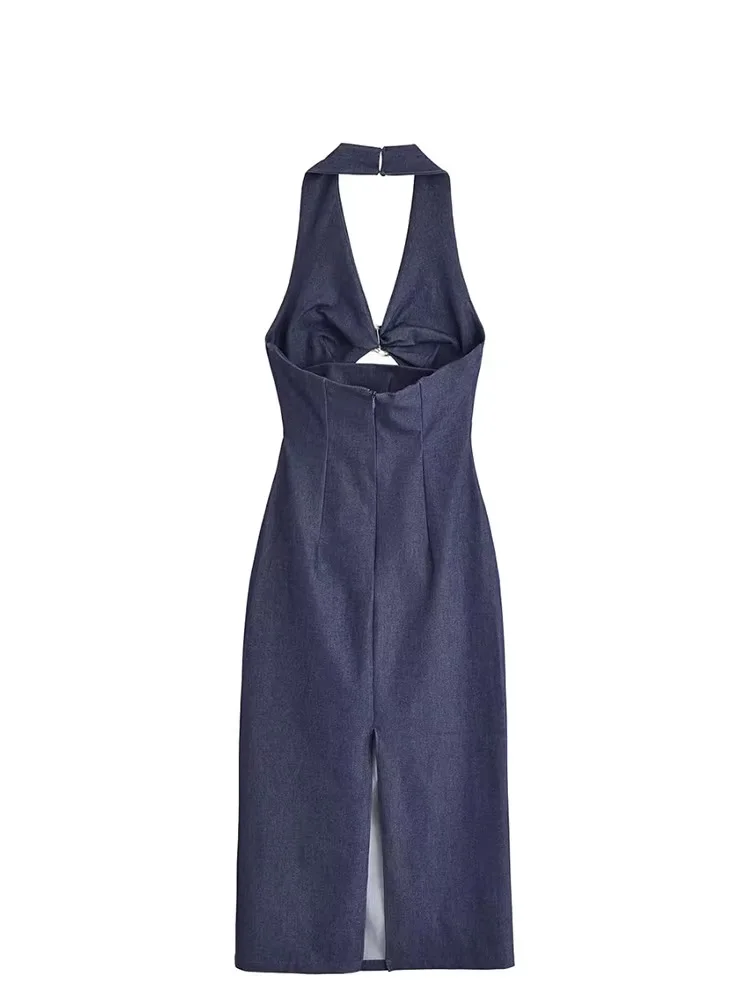 HH 2025 Abito longuette da donna con orlo diviso e cerniera posteriore senza schienale Abito estivo da donna senza maniche con design aperto e scollo all'americana