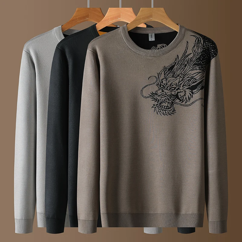 

Вязаные свитера с круглым вырезом для мужчин, с длинным рукавом и принтом дракона, повседневные осенние качественные вискозные смеси, эластичный пуловер Pull Homme Sueter
