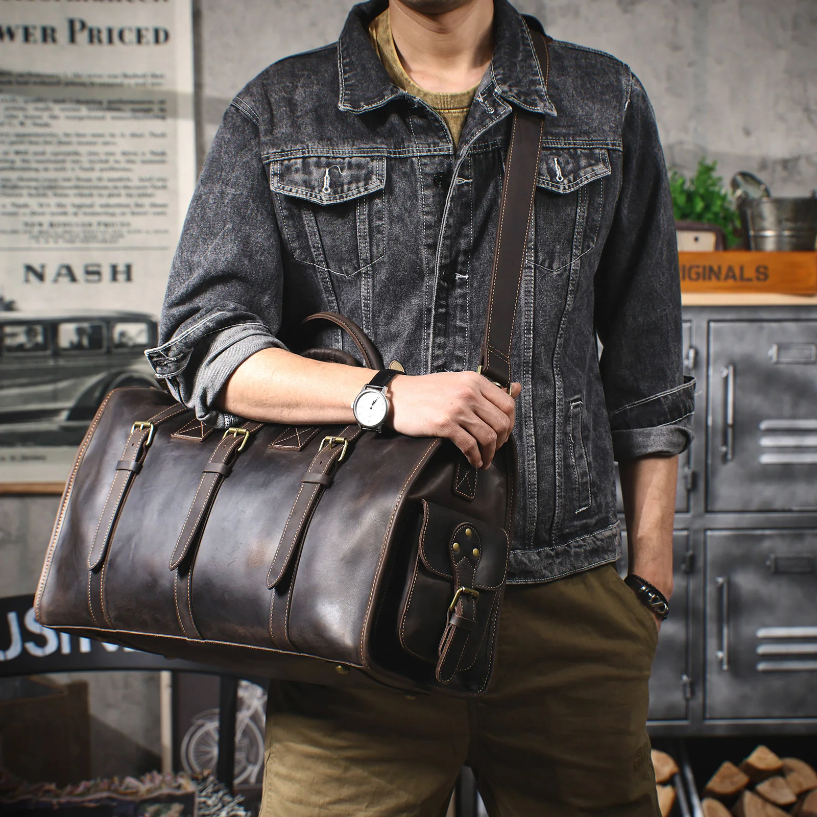 Vintage Echtleder-Reisetasche für Herren, Große Kapazität, Leder-Sporttasche, Klassischer Stil, Wochenendtasche, Übernachtungstasche – Detail 2
